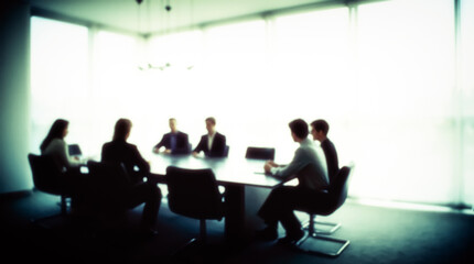 Fototapeta premium A blurry, grainy image of a group of people sitting around a table in a bright conference room, giving the impression of a business meeting or conference