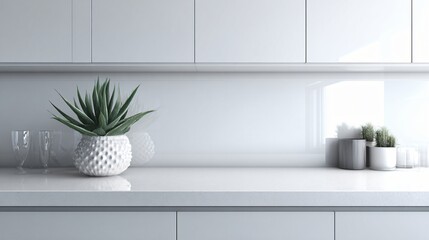 Serene modern kitchen counter with minimalist decor, featuring a lush green plant in a textured white vase and elegant glassware, creating a calm and inviting atmosphere.