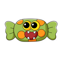 Cute green monster candy with big eyes and orange spots isolated on transparent background.