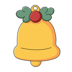 Golden Christmas bell with holly leaves and red berry isolated on transparent background.