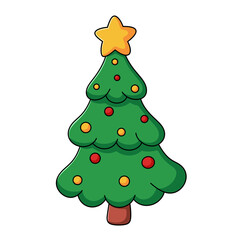 Cute decorated Christmas tree with star on top isolated on transparent background.
