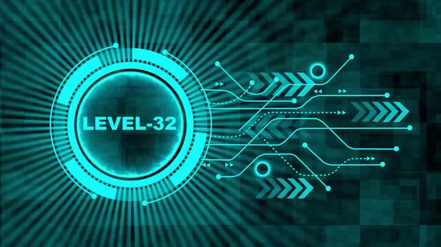 Level-32 text glowing animation with technology background. Level-32 text glowing animation. technology abstract background of animation concepts. 4k video motion graphic animation.