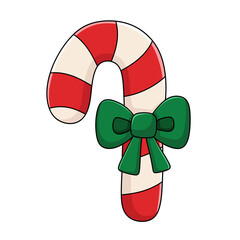 Cute red and white candy cane with green bow, cartoon style, isolated on transparent background