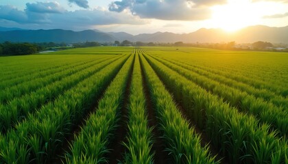 Aerial photo of sugarcane field in rural area. Rows of green plants spread across farmland. Sunlight shines over the agricultural plantation at sunset.