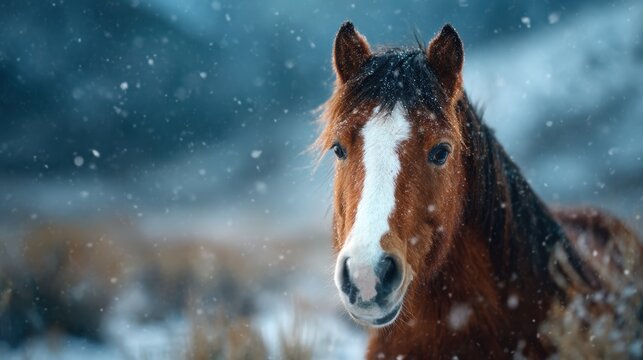 A beautiful horse stands stoically amidst a snowy landscape, embodying grace and resilience while showcasing the charm of nature in a serene winter setting.