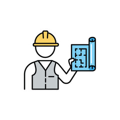 Construction worker architect drawing blueprints safety helmet engineering illustration icon