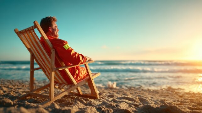 A contemplative man sits in a deck chair on the beach, gazing at the serene sunset over the ocean, embodying tranquility and reflection in a picturesque seaside experience.