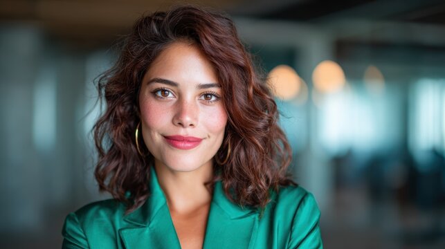 A striking portrait of a confident young woman exuding elegance in a green outfit, set against a stylish, modern background that complements her fashion.
