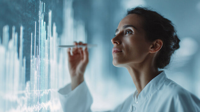 Focused woman analyzes glowing data, showcasing scientific research, future technology, or medical advancement. Ideal for innovation and progress concepts.