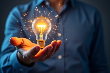 Person holding a glowing light bulb with sparks emanating