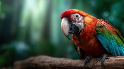 A vibrant scarlet macaw perches gracefully, showcasing its striking colors in a rich jungle setting, representing wildlife beauty and avian diversity.