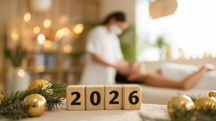 Wooden blocks spelling 2026 surrounded by christmas decorations on spa table with therapist giving massage new year wellness goals
