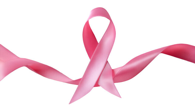 A pink breast cancer awareness ribbon is shown on a white background.