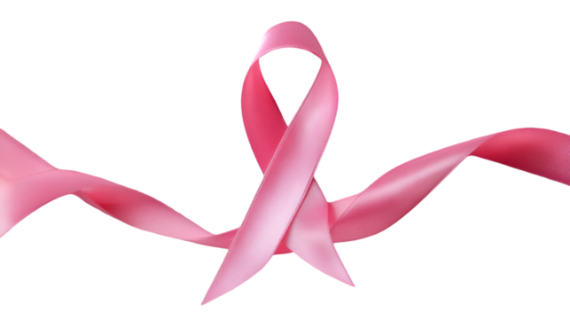 A pink breast cancer awareness ribbon is shown on a white background.