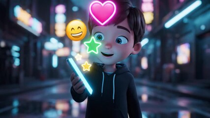 Young Boy Amazed by Smartphone Notifications in Neon Cityscape. - Powered by Adobe