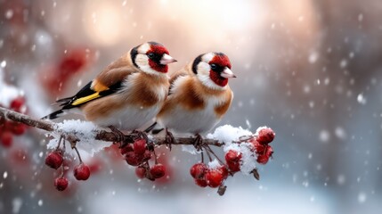 Two lovely birds adorned with vibrant markings perch together on a snowy branch, surrounded by delicate snowflakes, creating a heartwarming winter scene in nature's embrace.