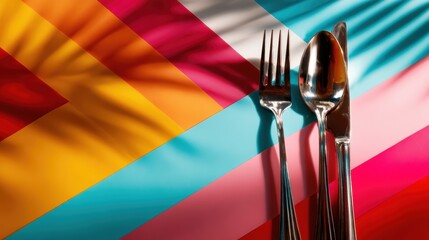 A stylish arrangement of cutlery on a vibrant, colorful background, symbolizing elegance in dining and the artistry of table settings in a modern culinary experience.