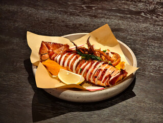 sliced grilled squid in plate