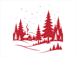 Fototapeta premium Red Monochrome Winter Forest Cabin Scene
