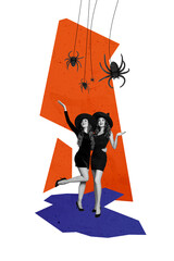 Composite trend artwork collage of halloween autumn season spooky creepy day two young lady cute...