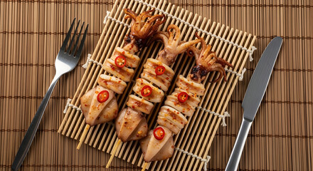 Delicious grilled squid skewers with spicy chili topping.