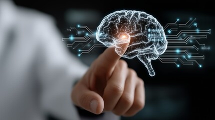 Human Brain with Glowing Neural Connections and Circuit Patterns Activated by Scientist in White Coat Pointing at Digital Visualization Showing Fusion of Biological Intelligence and Technology
