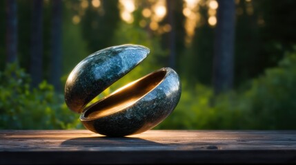 An artistic stone sculpture elegantly split open, placed amid a verdant forest, symbolizing nature's harmony and creativity, inviting contemplation of form and life.