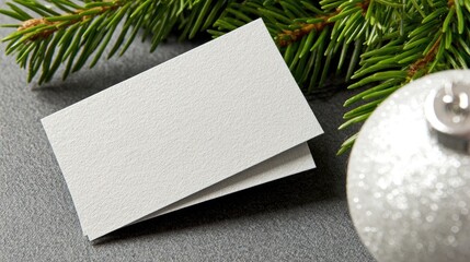 Blank card rests near evergreen sprig and silver ornament on gray surface.