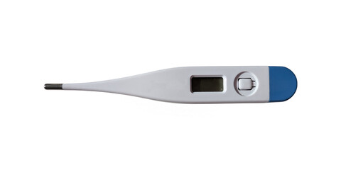 Electronic digital thermometer with blue tip on a white background. Medical device for measuring...
