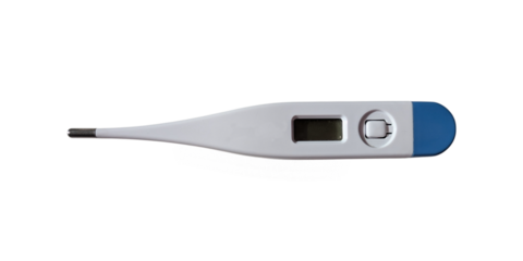 Electronic digital thermometer with blue tip on a white background. Medical device for measuring body temperature at home or in a clinic.
