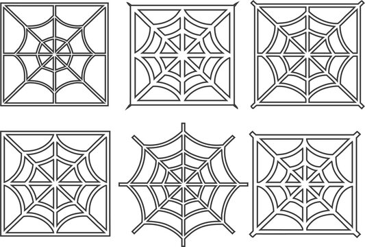 Elegant spider web pattern vector set with thin lines, perfect for spooky logos and decorative web textures.