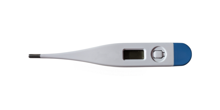 Electronic digital thermometer with blue tip on a white background. Medical device for measuring body temperature at home or in a clinic.