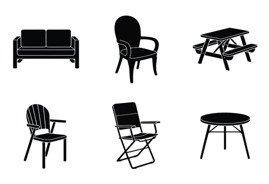 Scalable vector set featuring diverse furniture icons for modern design projects silhouette vector illustration white background