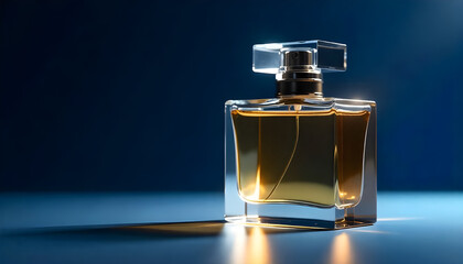 Luxury Perfume Bottle on Navy Blue Background Studio Shot