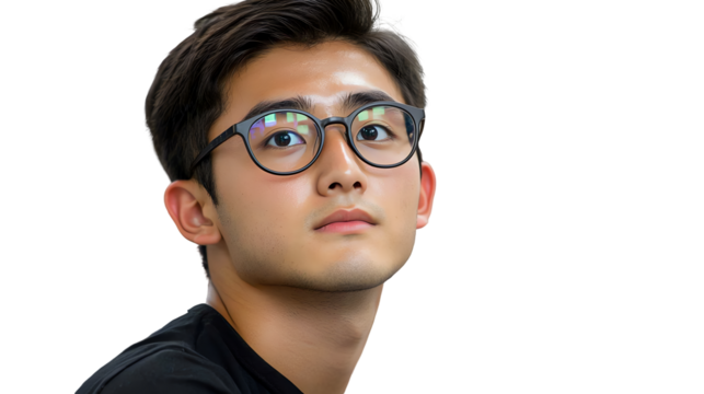 Thoughtful young man looks up, hope and aspiration - Powered by Adobe