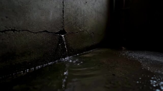 Water Leaking Through a Crack in a Basement Wall, Water Seepage in a Dark Basement due to Foundation Problems