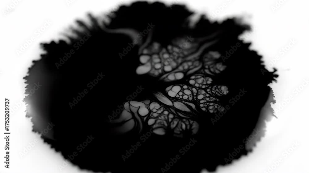 Wall mural dark, thick black ink slowly spreading and forming intricate patterns on a smooth, reflective white 