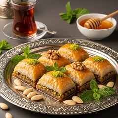 Delicious baklava with mint almonds and honey sweet pastry dessert