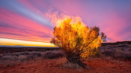 prophecy. Desert bush engulfed in flames against a twilight sky. ESG reports, sustainability campaigns, designed for sustainability communications and ESG reporting.
