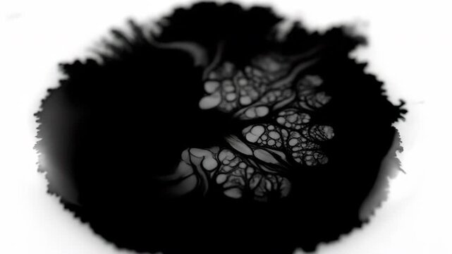 Dark, thick black ink slowly spreading and forming intricate patterns on a smooth, reflective white surface, captured with a top-down macro push-in shot patterns, shape, clean