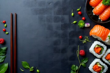 Delicious salmon sushi and maki rolls with chopsticks on dark surface