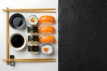 Delicious sushi platter with soy sauce and chopsticks