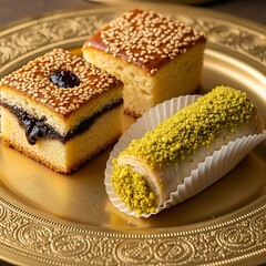 Golden assortment of delicious sesame seed and pistachio pastries on a decorative plate