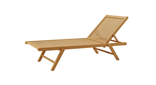 Elegant wooden lounge chair with woven seat perfect for relaxation on transparent background