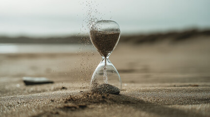 hourglass. Hourglass on stone with sand flowing and scattering in the wind. wellbeing guides, coaching materials, designed for coaching and self-improvement content, clarifies learning.
