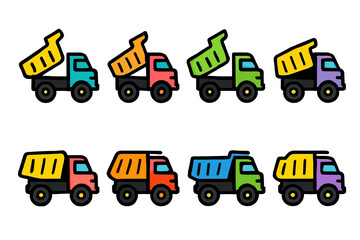 Fototapeta premium Colorful cartoon dump trucks in various designs and colors
