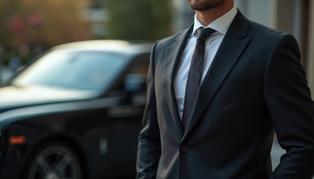 Man in dark suit and patterned tie stands by luxury car. Professional with confident style and ambition for success, representing wealth and corporate power. Male executive on urban street.