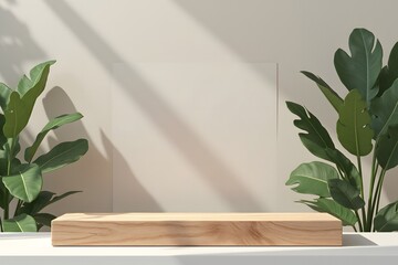 Minimalist wood platform display with natural light and greenery podium