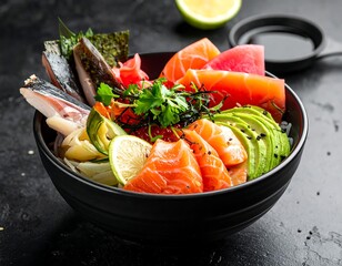 A vibrant sushi bowl with fresh seafood and avocado slices