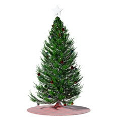 Christmas Tree With Colorful Ornaments and Star Topper Standing on Red Tree Skirt